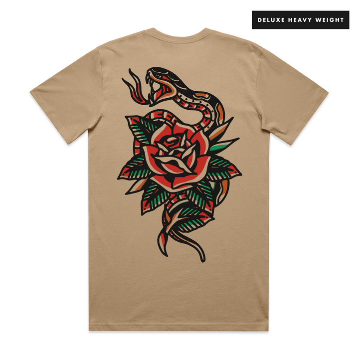 SNAKES & ROSES - FRONT & BACK - KHAKI T-SHIRT - DELUXE HEAVY