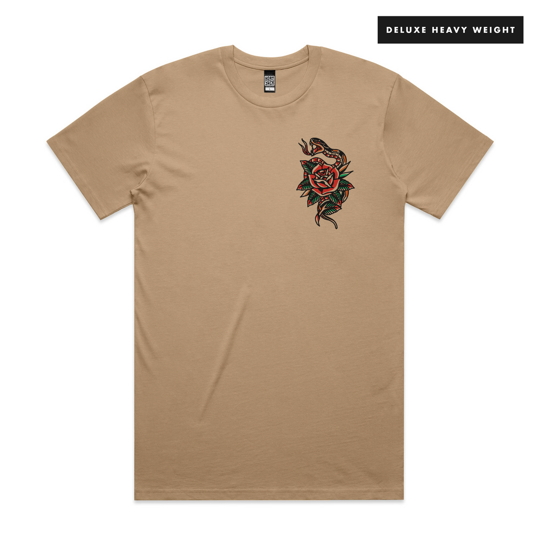 SNAKES & ROSES - FRONT & BACK - KHAKI T-SHIRT - DELUXE HEAVY